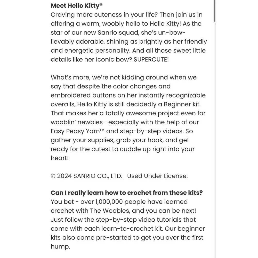 The Woobles Wobbles Crochet Kit For Beginners Hello Kitty Brand New - Picture 5 of 10